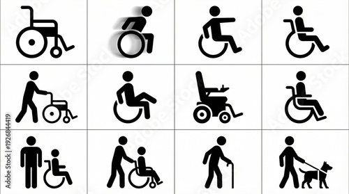 Inclusive accessibility icons set for wheelchair users, mobility aids, disability support, guide dogs, independence, assistance, and inclusive design concepts