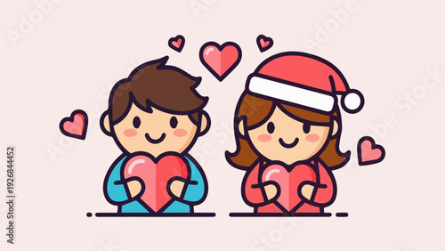 Cute cartoon flat vector illustration of Valentine couple icons, boy and girl characters with hearts