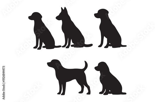 Silhouettes of various dog breeds sitting and standing against white