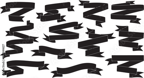 Collection of black ribbons and banners on white background