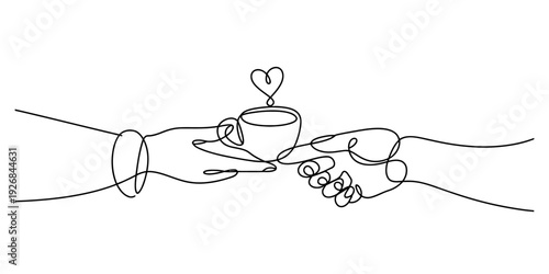 Minimalist continuous line drawing of two hands sharing a cup of hot coffee with a heart symbol Vector, illustration
