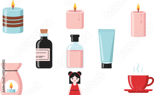 Cartoon illustration of spa and relaxation items including candles, candle warmer, bottles, lotion tube, teacup, and figurine for wellness, aromatherapy, and self‑care concepts