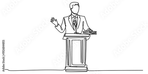Minimalist continuous line art of a male speaker giving a speech behind a wooden lectern. Vector, illustration
