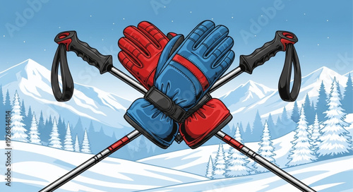 Skiing equipment with poles and gloves on snowy mountain background.