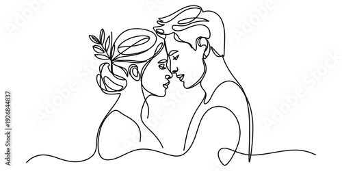 Continuous line drawing of a romantic couple looking into each other's eyes with love. Vector, illustration