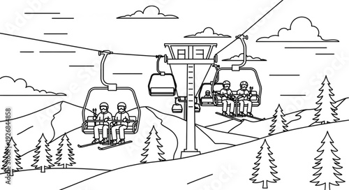 Ski lift transporting people up a snowy mountain slope.