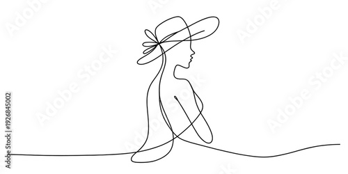 Minimalist single line drawing of a woman wearing a wide brimmed hat on a white background. Vector, illustration