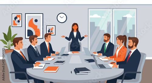 Business Meeting Vector Illustration of Diverse Team Collaborating Around a Conference Table