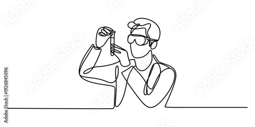 Continuous line drawing of a scientist with safety goggles examining a test tube for research Vector, illustration