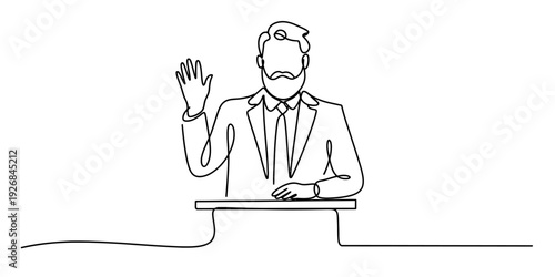Continuous line drawing of a bearded businessman in a suit waving from behind a podium Vector, illustration