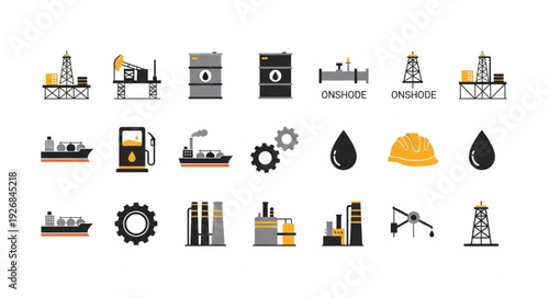 Oil and gas industry icons representing various aspects of energy production.