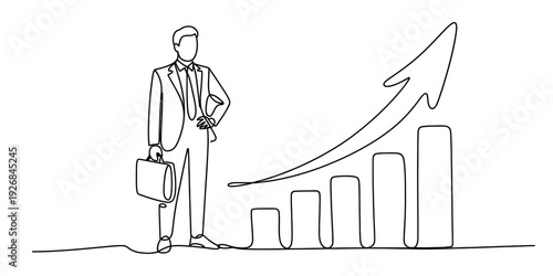 Continuous line drawing of a businessman standing beside a rising bar chart and an upward arrow. Vector, illustration