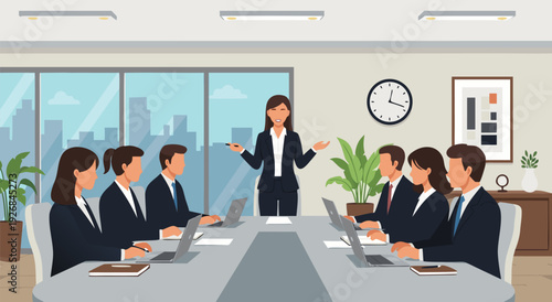 Business meeting in a boardroom vector illustration with diverse professionals collaborating