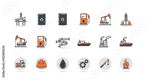 Oil and gas industry icons representing various aspects of the sector.