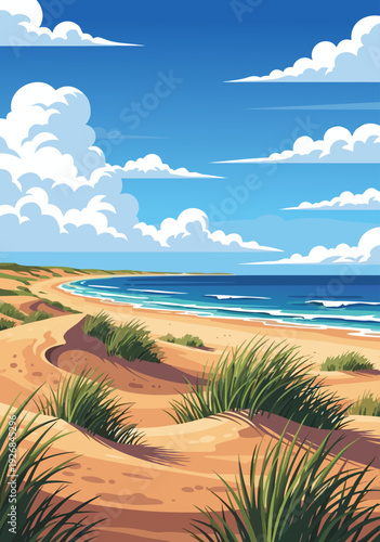 Vibrant Beach Landscape Vector Illustration with Rolling Dunes and a Coastal Ocean Scene