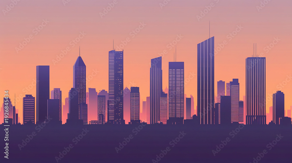 Obraz premium Modern minimalist city skyline at golden hour, vector art style, clean geometric buildings silhouettes, warm sunset gradient from peach to deep purple, architectural line art details, urban landscape,
