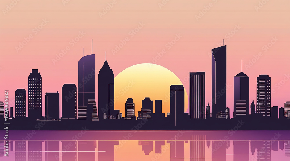 Obraz premium Modern minimalist city skyline at golden hour, vector art style, clean geometric buildings silhouettes, warm sunset gradient from peach to deep purple, architectural line art details, urban landscape,