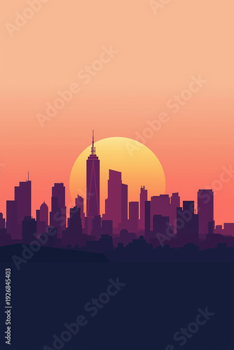 Wallpaper Mural Modern minimalist city skyline at golden hour, vector art style, clean geometric buildings silhouettes, warm sunset gradient from peach to deep purple, architectural line art details, urban landscape, Torontodigital.ca