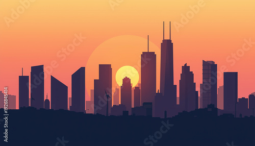 Modern minimalist city skyline at golden hour, vector art style, clean geometric buildings silhouettes, warm sunset gradient from peach to deep purple, architectural line art details, urban landscape,
