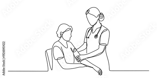 Continuous line drawing of a female nurse examining a patient arm in a medical clinic environment. Vector, illustration