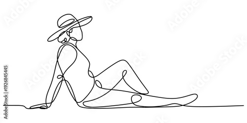 Minimalist single line art illustration of a fashionable woman wearing a wide-brimmed hat. Vector, illustration