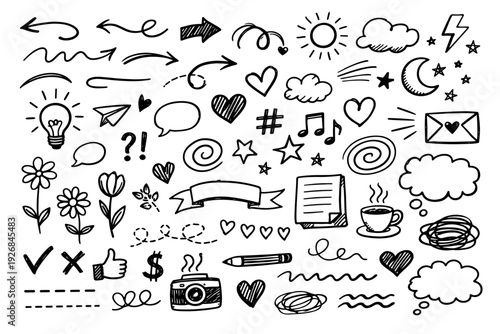 Hand-Drawn Doodles Illustrating Various Concepts and Ideas in Black Ink on White Background