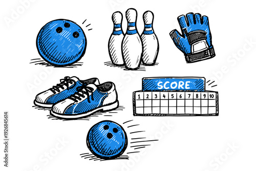 Sporting Equipment for Bowling Featuring Blue Ball Pins Shoes and Scoreboard on Black Background
