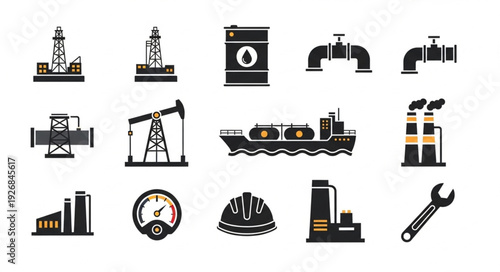 Oil and gas industry icons representing various aspects of energy production and transportation.