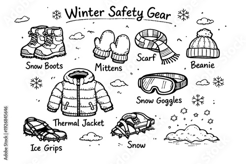 Illustration of Various Winter Safety Gear Elements Including Snow Boots and Thermal Jackets