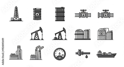 Collection of industrial icons representing oil and gas production and transportation.