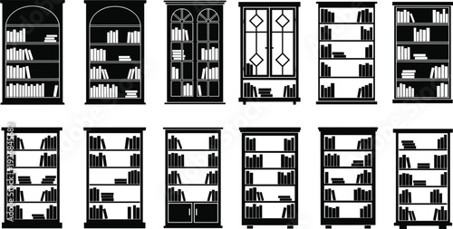 Collection of twelve black and white bookshelf silhouettes featuring arched tops, glass doors, and open shelving with books arranged in vertical and horizontal patterns for interior design concepts