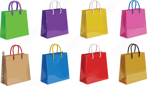 Colorful glossy paper shopping bags collection isolated on white background, vibrant retail packaging mockup set with handles, modern gift bags for branding and marketing design