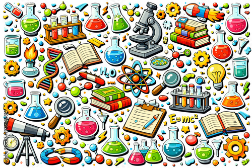 Colorful Educational Science Background with Laboratory Equipment and Chemical Symbols