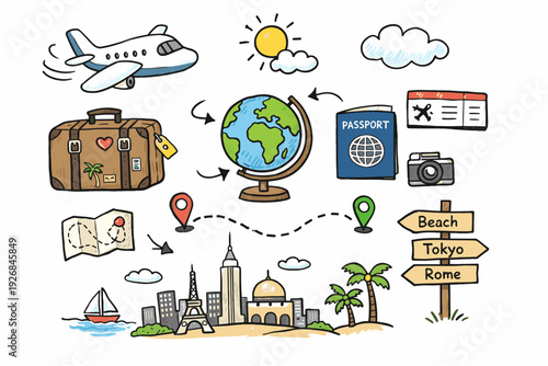 Colorful Travel Illustration Featuring Airplane Suitcase Globe Map and Iconic Landmarks