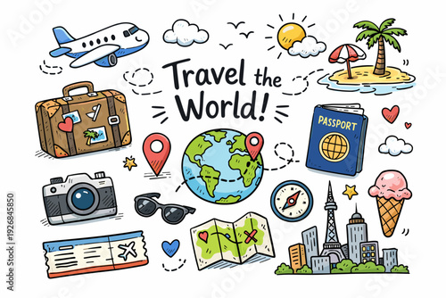 Travel Theme Doodle Illustration Featuring Airplane Suitcase Globe Camera Beach and Ice Cream