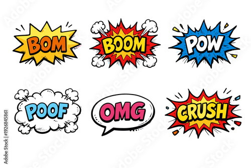 Colorful Comic Style Speech Bubbles with Text and Action Words on a Black Background