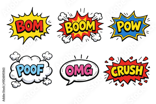 Colorful Comic Speech Bubbles with Expressions and Exclamations on Black Background