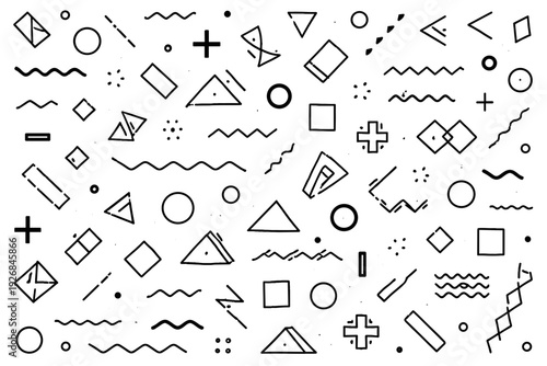Abstract Pattern with Various Geometric Shapes in Black and White on a Minimalist Background