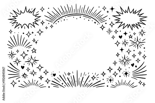Hand-Drawn Fireworks and Sparkles Illustration with Radiating Shapes and Stars