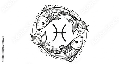 Pisces Zodiac Symbol with Two Fish Illustration.