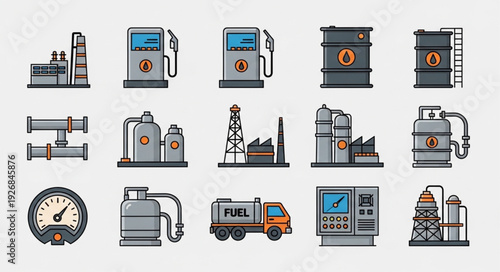 Collection of oil and gas industry icons representing various aspects of the sector.
