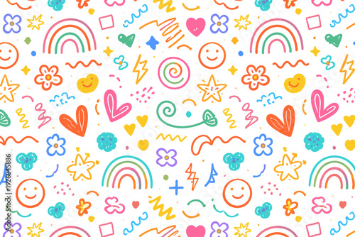 Colorful Doodle Pattern Featuring Hearts Rainbows Stars and Smiley Faces on Black Background