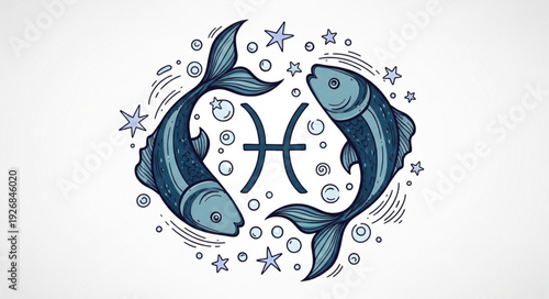 Pisces Zodiac Symbol with Two Fish Illustration.