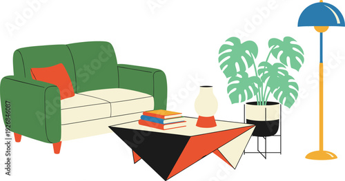 Modern living room interior vector illustration with green armchair, geometric coffee table, houseplant, floor lamp and decorative books in stylish minimalist home decor setting