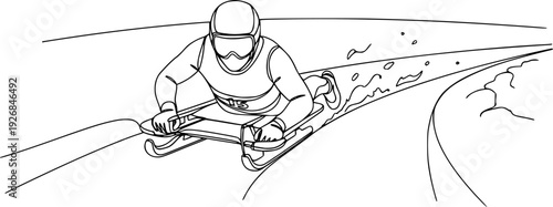 Minimalist continuous line drawing of a winter sports athlete speeding down a track on a sled