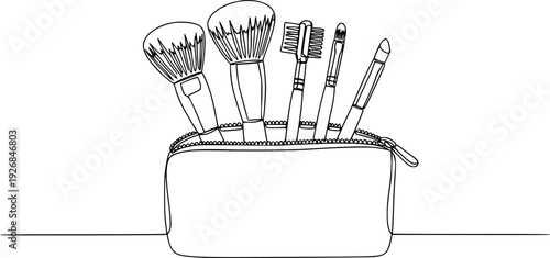 Minimalist continuous line drawing of various makeup brushes in a cosmetic bag