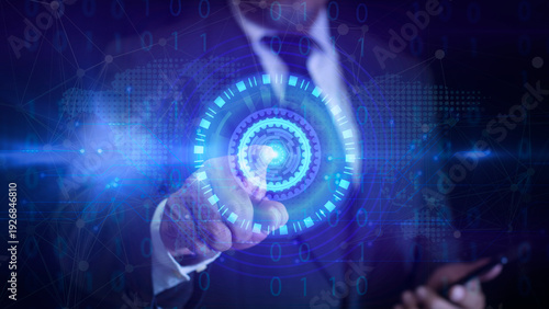 Wallpaper Mural Businessman pressing virtual buttons in futuristic concept. Futuristic Touchscreen Interface with holographic world map display technology. Starting a business and a new life. Torontodigital.ca