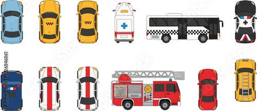 Top view collection of diverse vehicles including cars, taxis, ambulance, fire truck, police car, and city bus for transportation, emergency, and urban mobility concepts