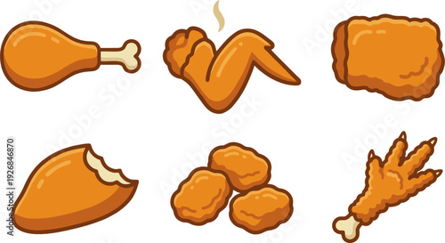 Assorted fried chicken pieces including drumsticks and thighs on a white background, viewed from directly above
