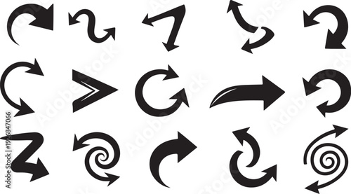 Collection of various black arrow icons on white background